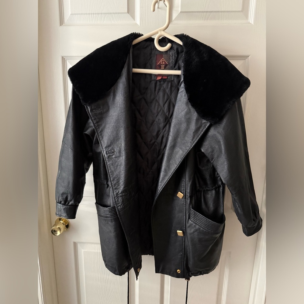 Black Real Leather Coat with Faux Fur Hood